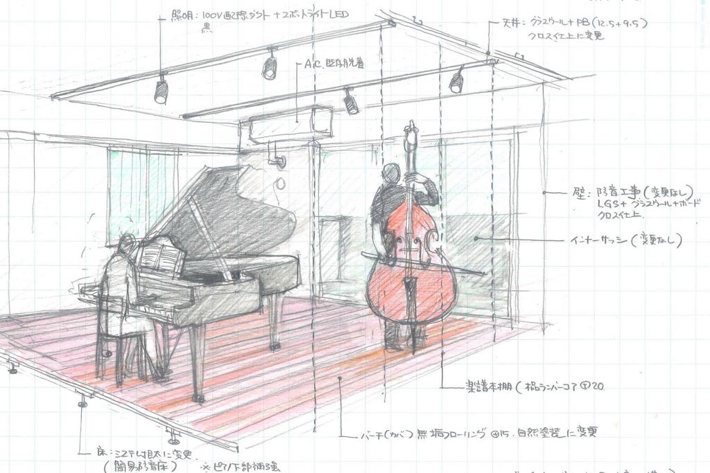 防音室リノベーションのスケッチ。